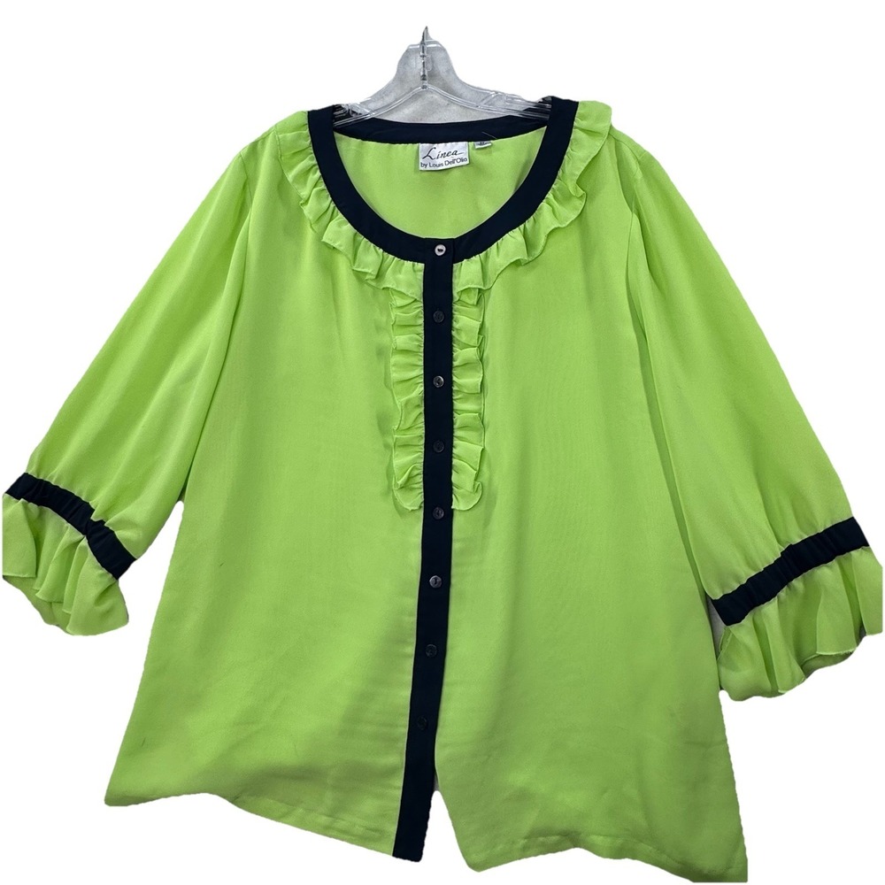 Linea by Louis Dell'Olio Womens 2X Bright Green Black Ruffle Blouse Chiffon